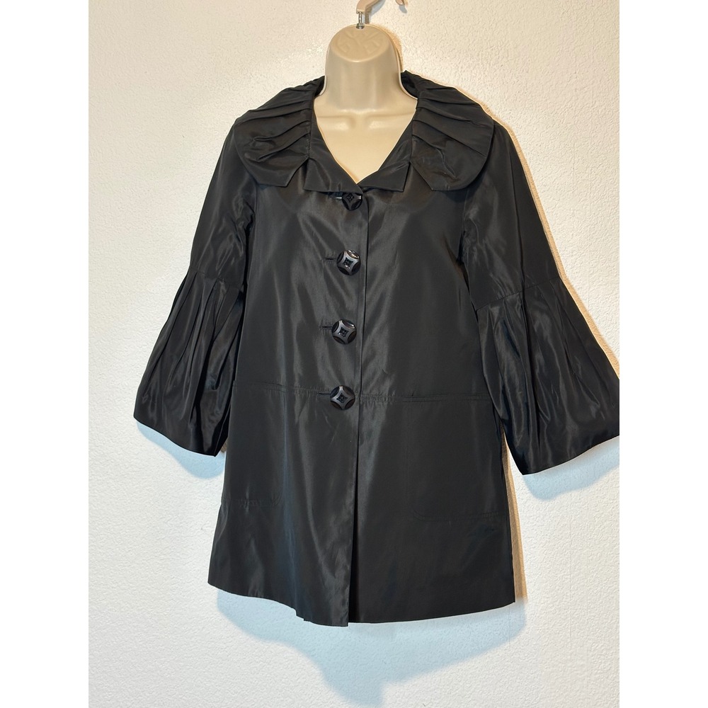 Penta Black Linen Blend Pleated Portrait Collar Lantern Sleeve Coat Size 6